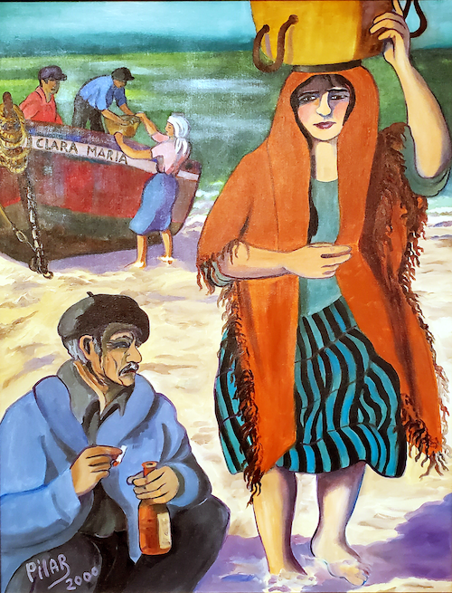 A colorful painting by Pilar Poblis. The focal point of the image has a woman wearing a orange poncho over her head. She has a basket on top of her head. The woman is also wearing on blue skirt and horizontal striped blue with black skirt. Next to her is a man sitting on the beach with a bottle in his hand. In the background, you can see 2 people in a red boat and a woman heading them a basket. 