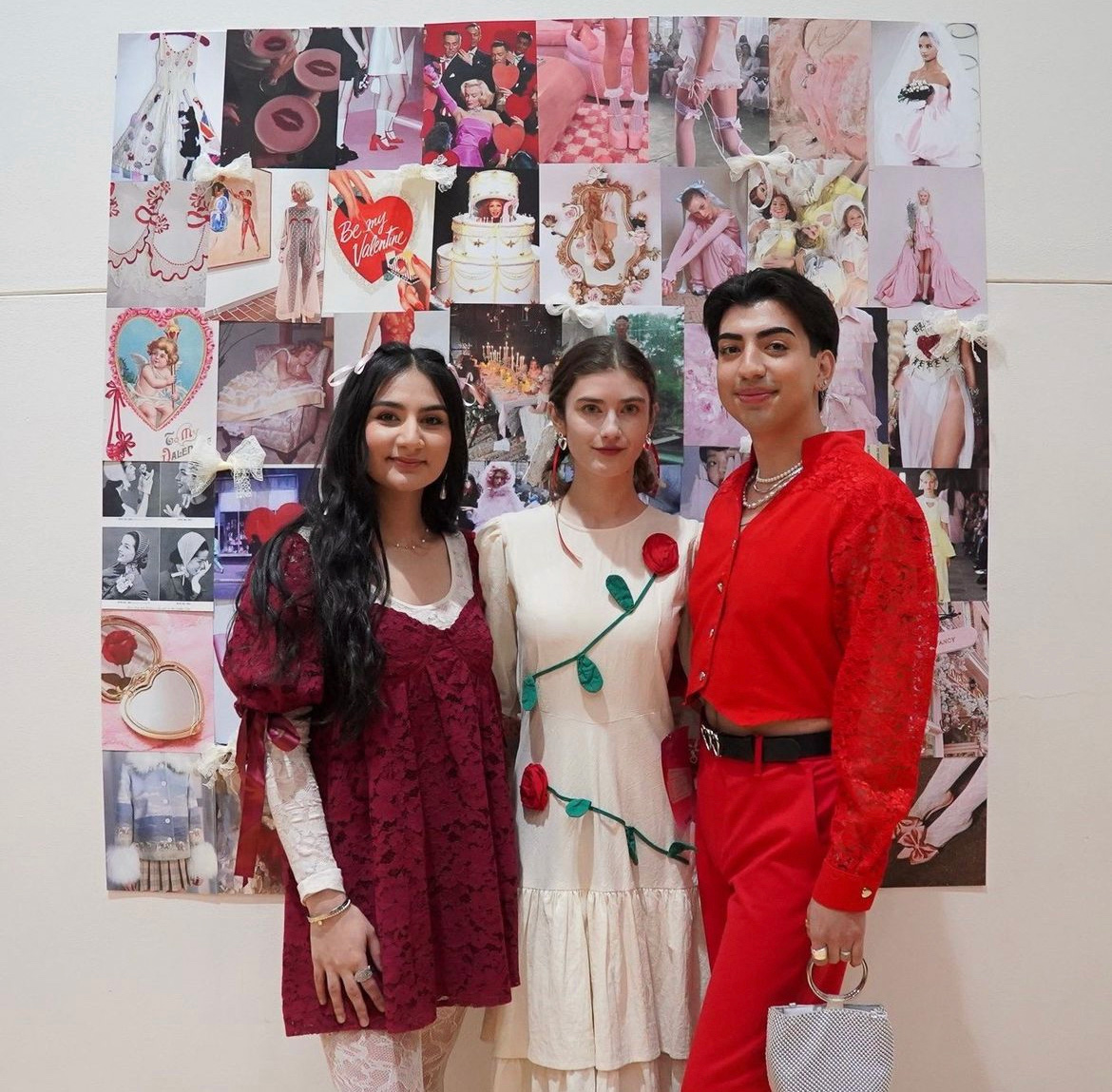 3 students standing in front of a photo wall collage