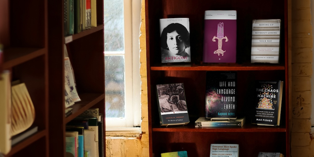 A shelf displaying the covers of some of the great books